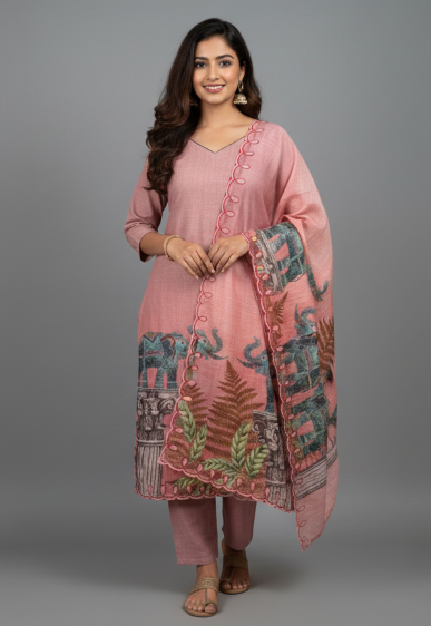 Peach Linen Kurti with Embossed Glitter & Artistic Highlight Painting, Pant & Dupatta Set
