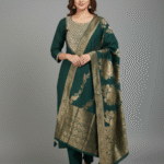 Dark Green Silk Kurti Set with Mirror & Cutdana Work, Pant & Dupatta | Festive Ethnic Wear by KanakRiti