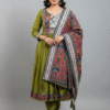 Olive Green Chanderi Silk Anarkali Kurti Set with Thread Work