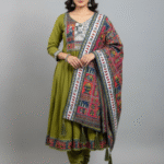 Olive Green Chanderi Silk Anarkali Kurti Set with Thread Work