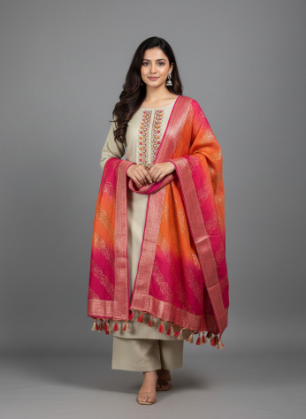 Elegant Tissue Fabric Kurti with Zardosi Work, Palazzo & Banarasi Dupatta Set