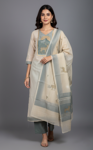 Off-White Weaved Tassar Kurti with Pant & Dupatta – Elegant Zari Work