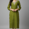 Olive Green Raw Silk Kurti with Zardosi Hand Work | Elegant Festive Wear by KanakRiti