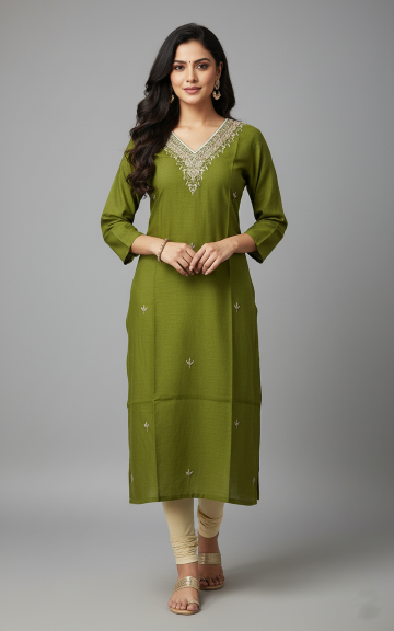 Olive Green Raw Silk Kurti with Zardosi Hand Work | Elegant Festive Wear by KanakRiti