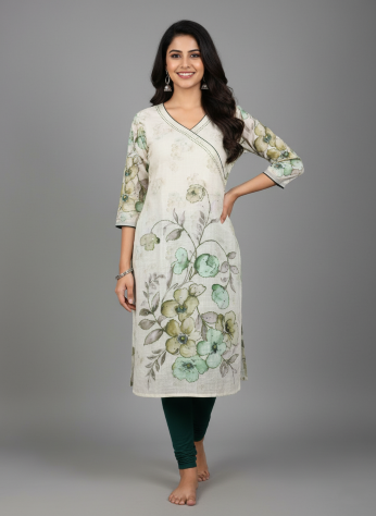 Light Pesta Green Linen Kurti with Kantha Stitch Work