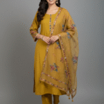 Mustard Yellow Silk Kurti Set with Hand-Painted Katha Work & Organza Dupatta