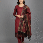 Maroon Soft Tasar Banarasi Kurti Set with Dupatta & Pant
