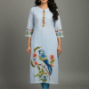 Sky Blue Linen Kurti with Threaded Hand Work & Digital Print