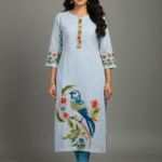 Sky Blue Linen Kurti with Threaded Hand Work & Digital Print