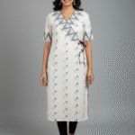 White Puffed Sleeve Cotton Kurti with Weaved Jamdani Angrakha Pattern