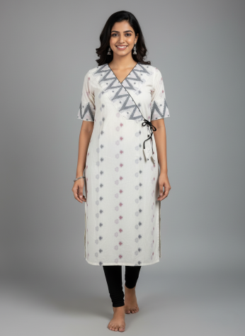 White Puffed Sleeve Cotton Kurti with Weaved Jamdani Angrakha Pattern