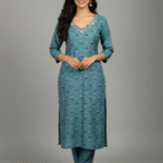 Dark Cyan Soft Maslin Kurti with Pant Set – Cutdana Hand Work on Yoke
