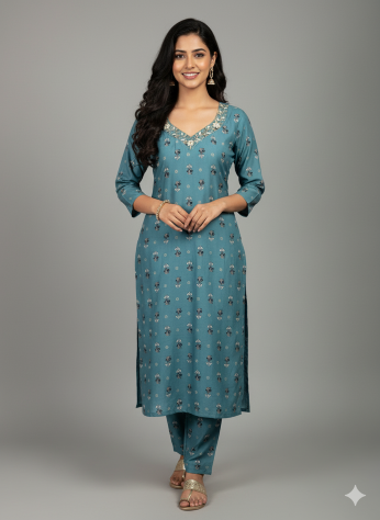Dark Cyan Soft Maslin Kurti with Pant Set – Cutdana Hand Work on Yoke