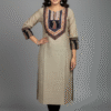 Khaki Raw Silk Kurti with Ajrakh Print & Thread Work