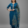 Navy Blue Silk Kurti Set with Hand-Stitched Embroidery & Printed Organza Dupatta – Palazzo Ethnic Wear