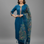 Navy Blue Silk Kurti Set with Hand-Stitched Embroidery & Printed Organza Dupatta – Palazzo Ethnic Wear