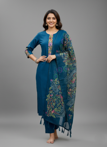 Navy Blue Silk Kurti Set with Hand-Stitched Embroidery & Printed Organza Dupatta – Palazzo Ethnic Wear
