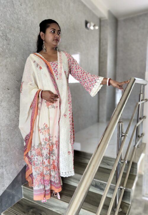 Premium Cotton Schiffli Work Kurti with Floral Printed Dupatta & Pant