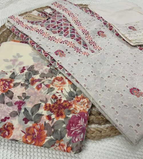 Premium Cotton Schiffli Work Kurti with Floral Printed Dupatta & Pant