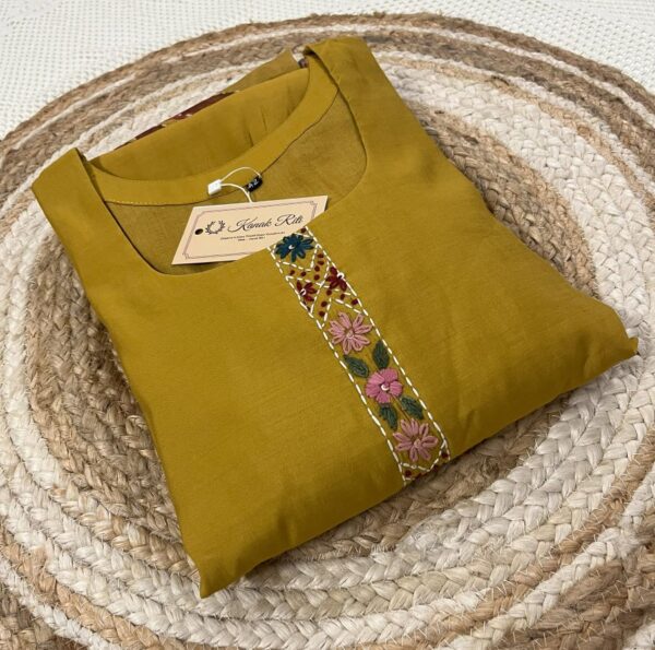 Mustard Yellow Silk Kurti Set with Hand-Painted Katha Work & Organza Dupatta