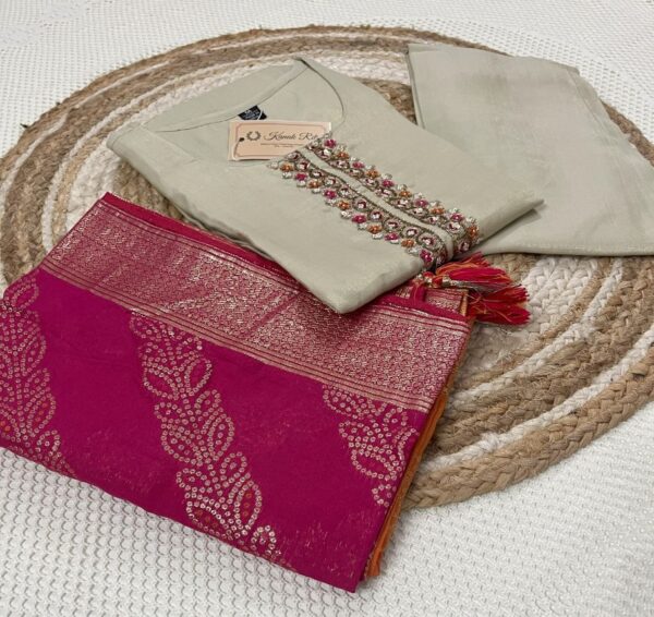 Elegant Tissue Fabric Kurti with Zardosi Work, Palazzo & Banarasi Dupatta Set