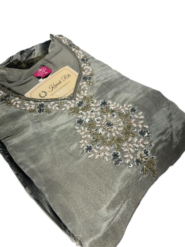 Beautiful Grey Tissue Fabric Kurti with Digital Print & Zardosi Work, Pant & Dupatta Set