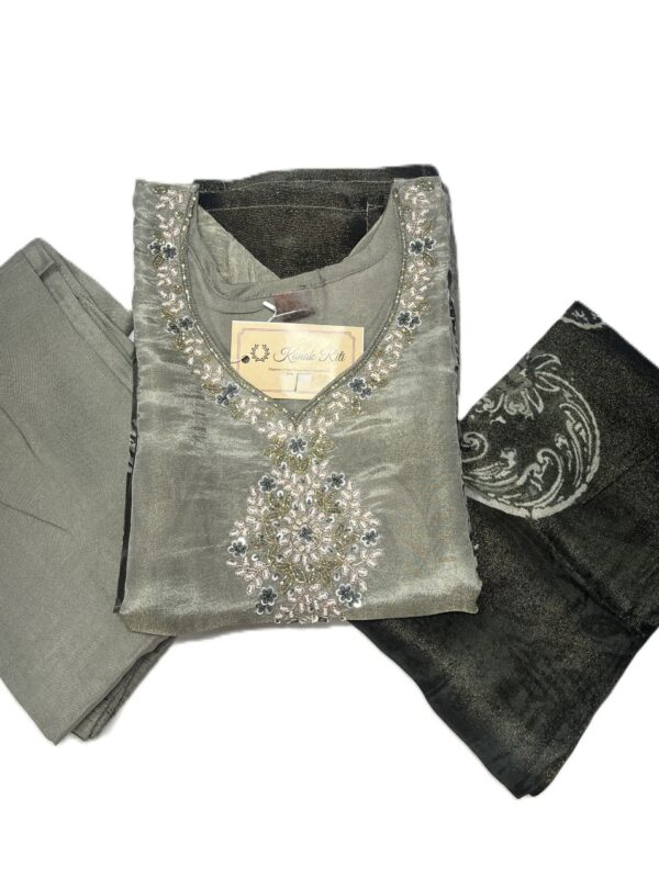 Beautiful Grey Tissue Fabric Kurti with Digital Print & Zardosi Work, Pant & Dupatta Set