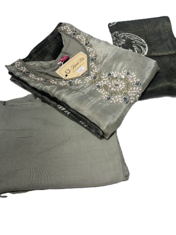 Beautiful Grey Tissue Fabric Kurti with Digital Print & Zardosi Work, Pant & Dupatta Set