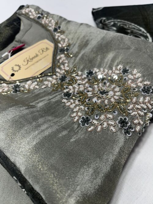 Beautiful Grey Tissue Fabric Kurti with Digital Print & Zardosi Work, Pant & Dupatta Set