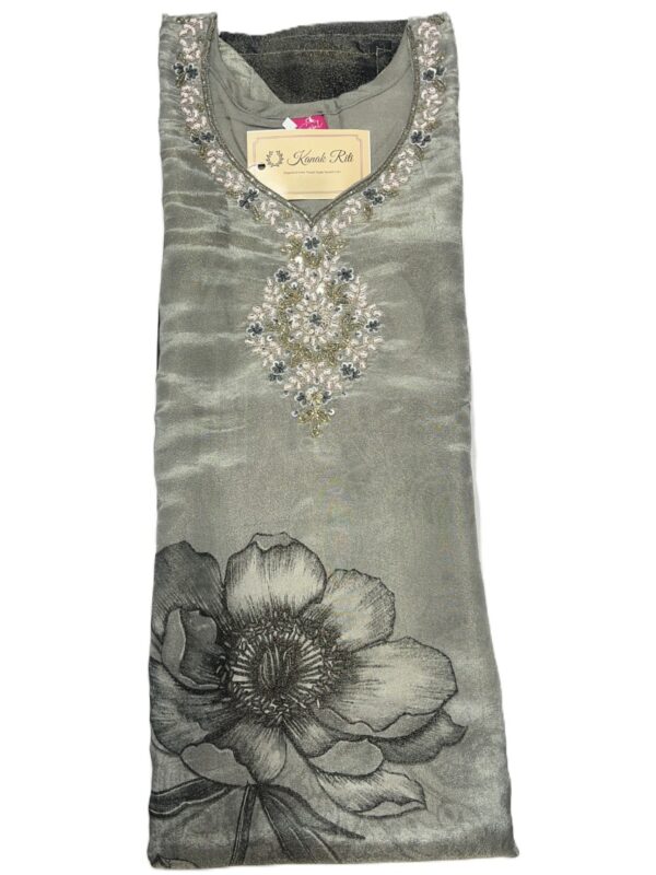 Beautiful Grey Tissue Fabric Kurti with Digital Print & Zardosi Work, Pant & Dupatta Set