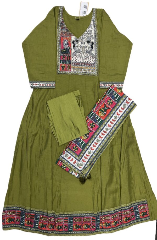 Olive Green Chanderi Silk Anarkali Kurti Set with Thread Work