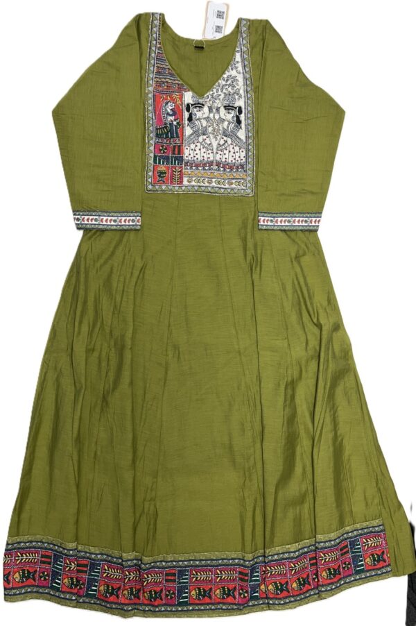 Olive Green Chanderi Silk Anarkali Kurti Set with Thread Work
