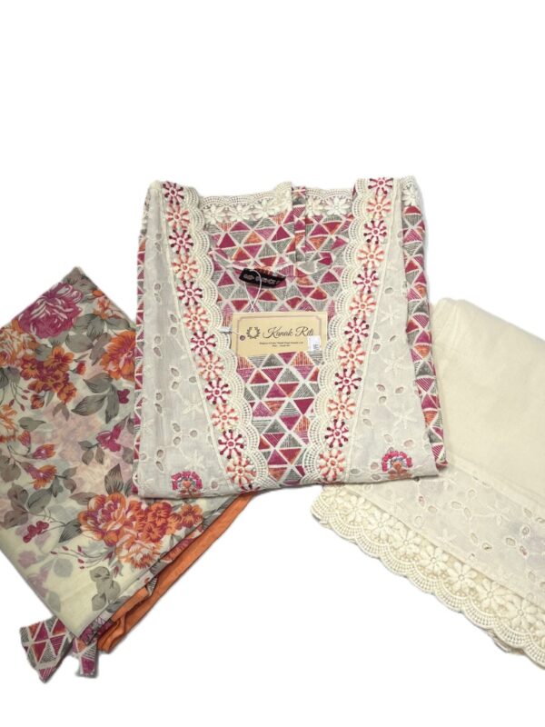 Premium Cotton Schiffli Work Kurti with Floral Printed Dupatta & Pant
