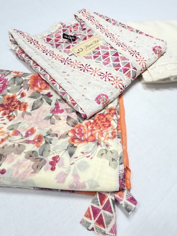 Premium Cotton Schiffli Work Kurti with Floral Printed Dupatta & Pant