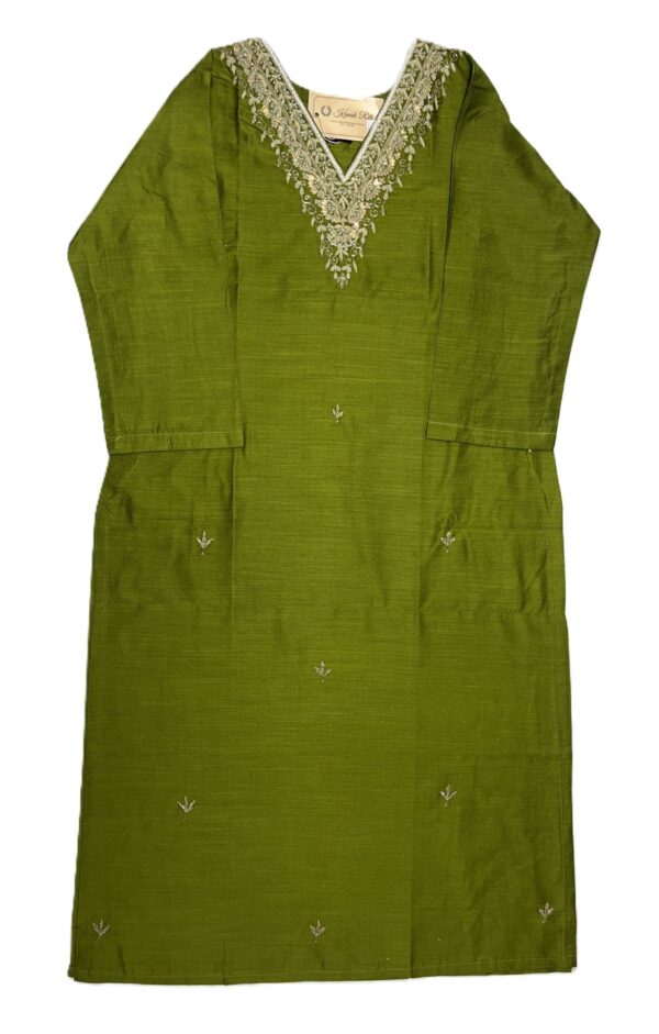 Olive Green Raw Silk Kurti with Zardosi Hand Work | Elegant Festive Wear by KanakRiti