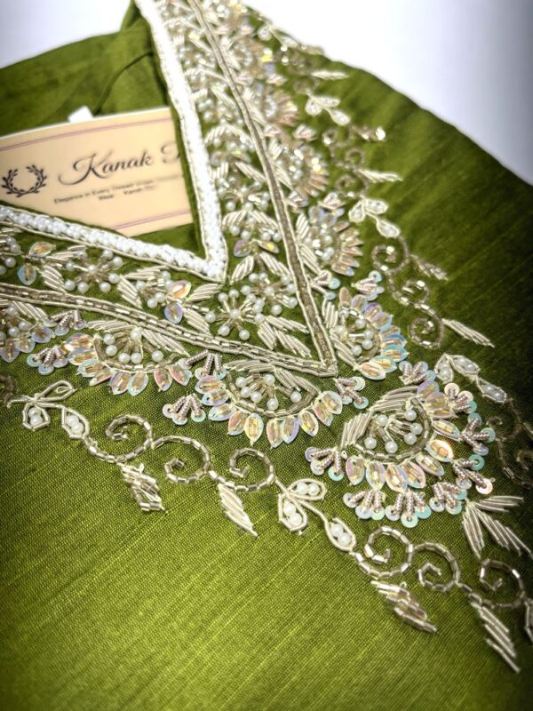 Olive Green Raw Silk Kurti with Zardosi Hand Work | Elegant Festive Wear by KanakRiti