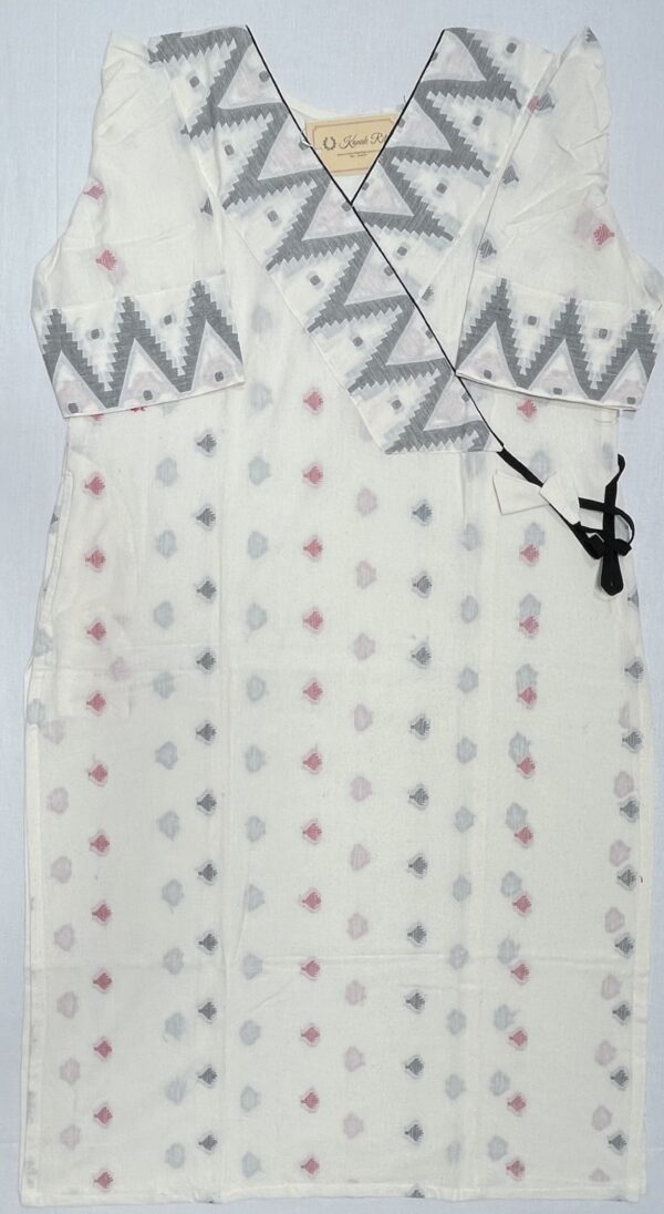 White Puffed Sleeve Cotton Kurti with Weaved Jamdani Angrakha Pattern
