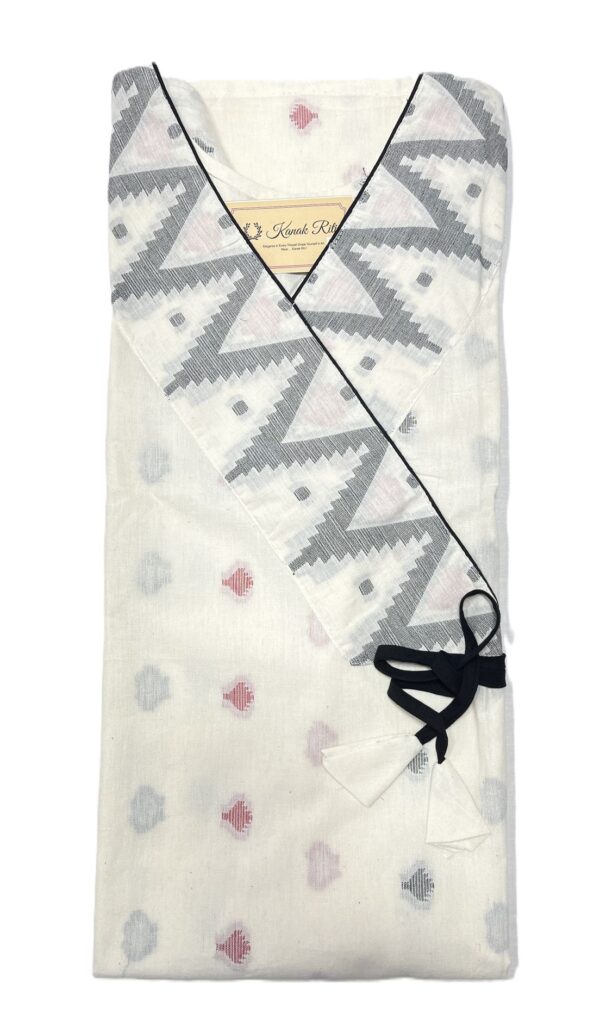 White Puffed Sleeve Cotton Kurti with Weaved Jamdani Angrakha Pattern