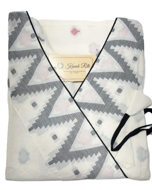 White Puffed Sleeve Cotton Kurti with Weaved Jamdani Angrakha Pattern