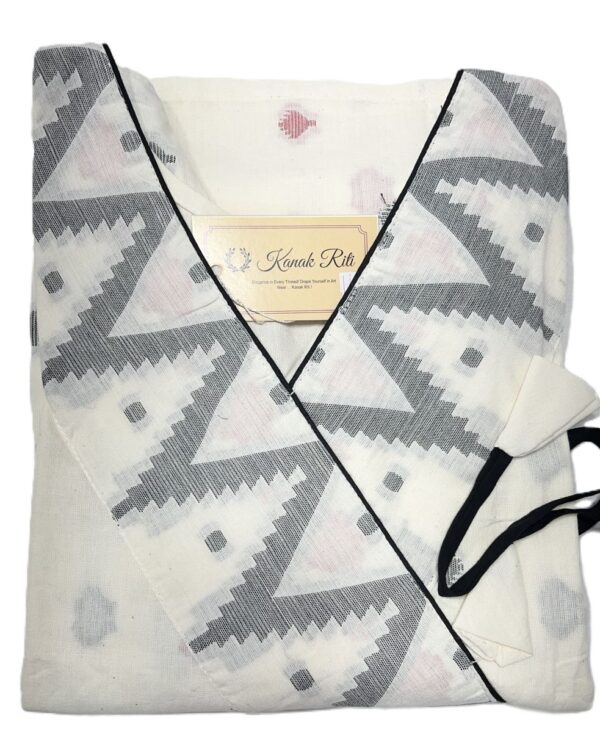 White Puffed Sleeve Cotton Kurti with Weaved Jamdani Angrakha Pattern