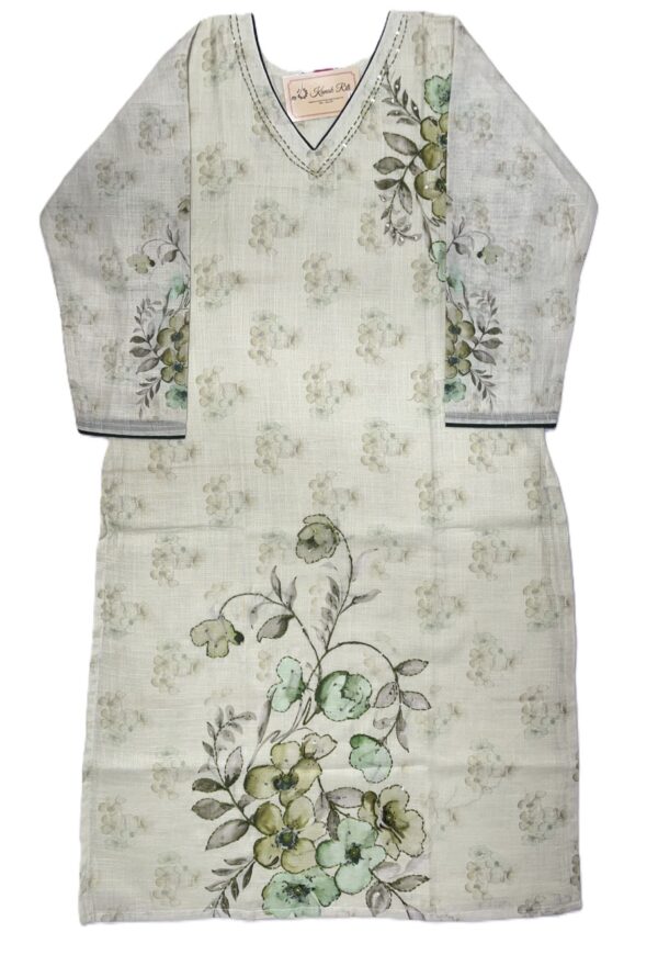 Light Pesta Green Linen Kurti with Kantha Stitch Work