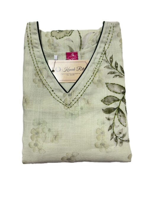 Light Pesta Green Linen Kurti with Kantha Stitch Work
