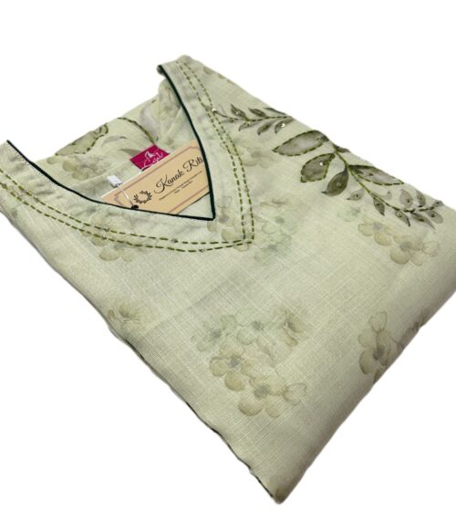 Light Pesta Green Linen Kurti with Kantha Stitch Work