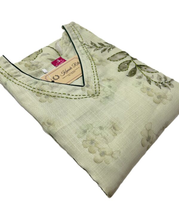 Light Pesta Green Linen Kurti with Kantha Stitch Work