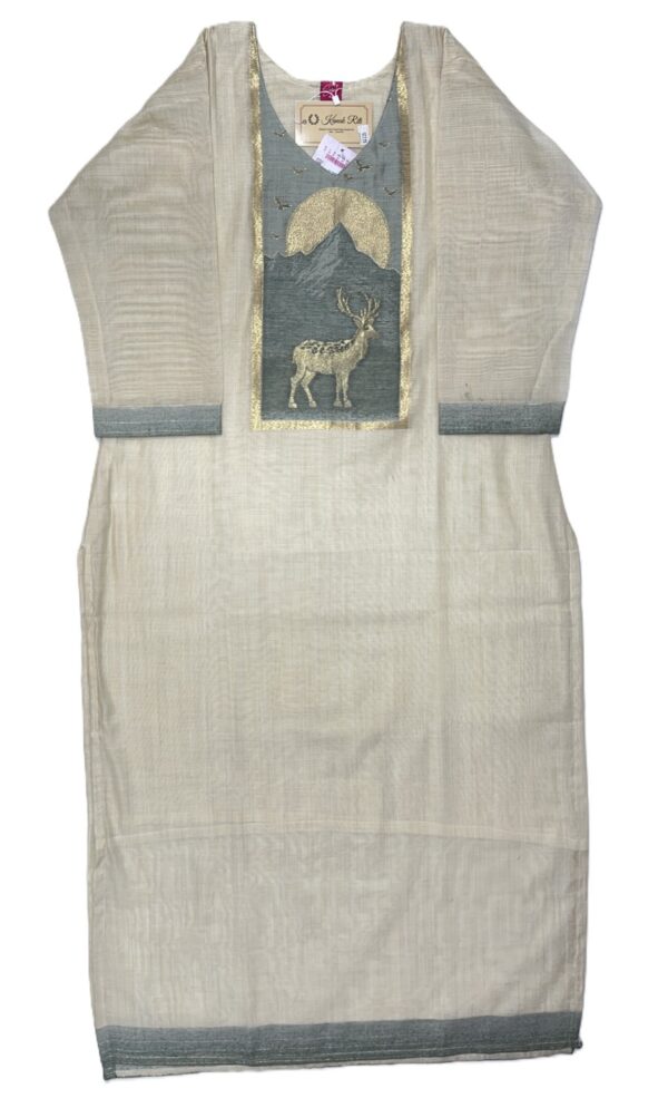 Off-White Weaved Tassar Kurti with Pant & Dupatta – Elegant Zari Work