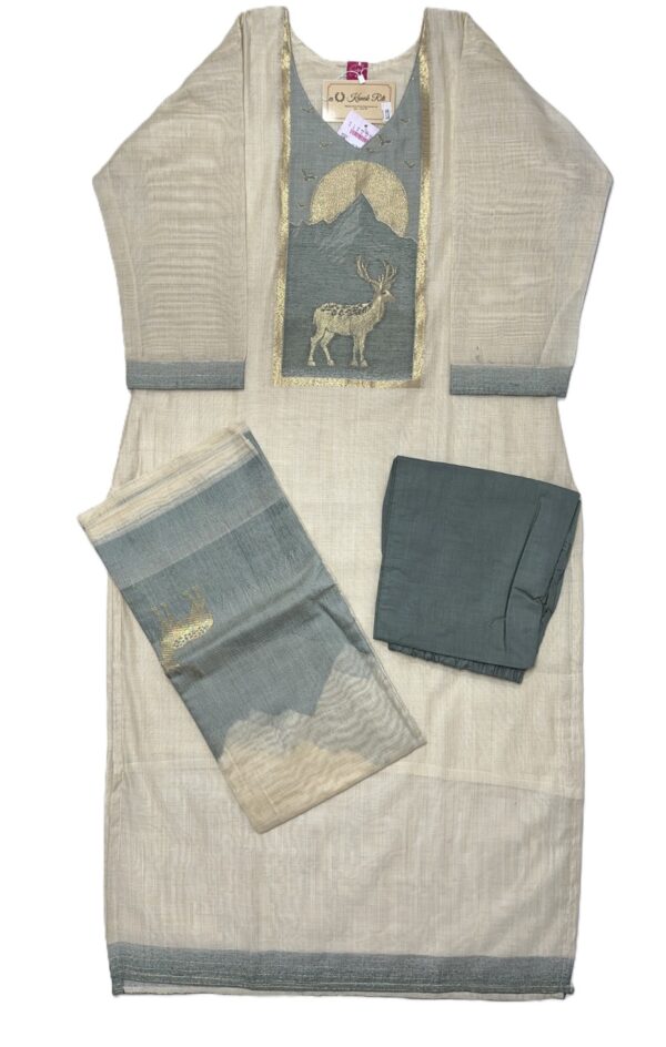Off-White Weaved Tassar Kurti with Pant & Dupatta – Elegant Zari Work