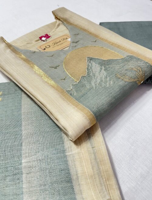 Off-White Weaved Tassar Kurti with Pant & Dupatta – Elegant Zari Work