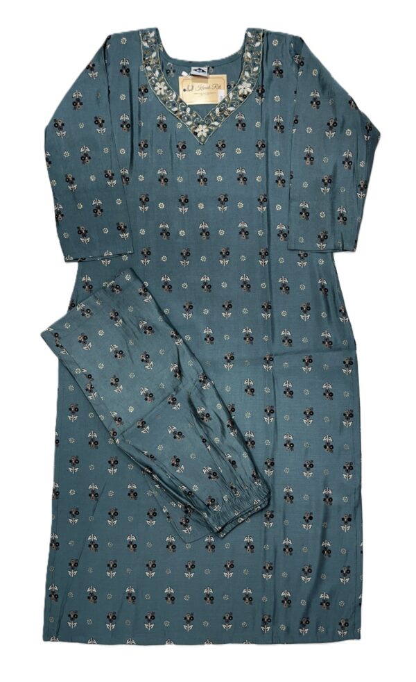 Dark Cyan Soft Maslin Kurti with Pant Set – Cutdana Hand Work on Yoke