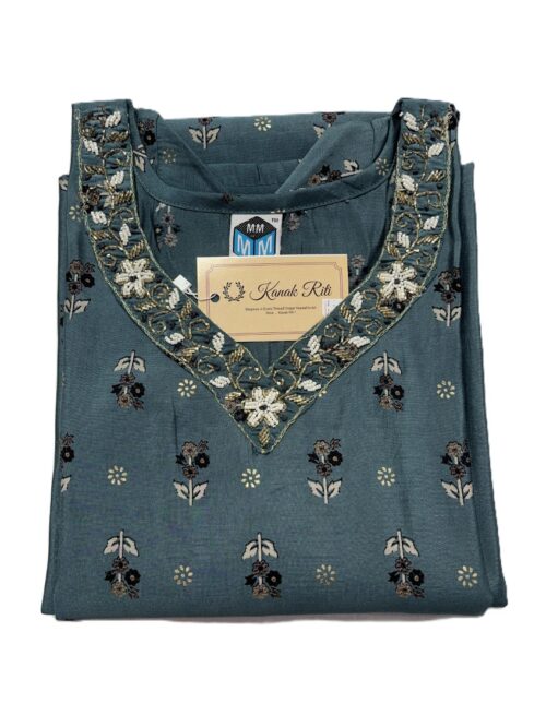 Dark Cyan Soft Maslin Kurti with Pant Set – Cutdana Hand Work on Yoke