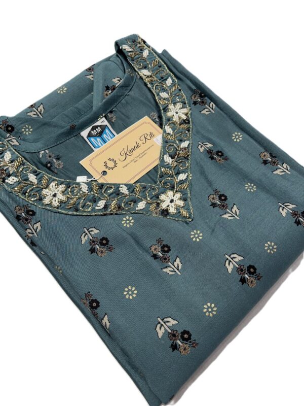 Dark Cyan Soft Maslin Kurti with Pant Set – Cutdana Hand Work on Yoke